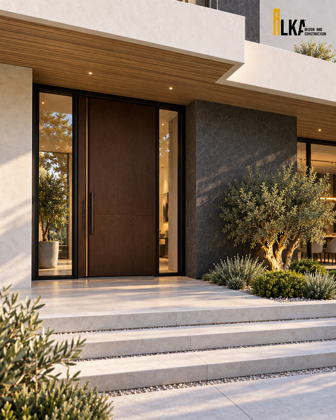 Villa Linea — Dark stone wall and timber door