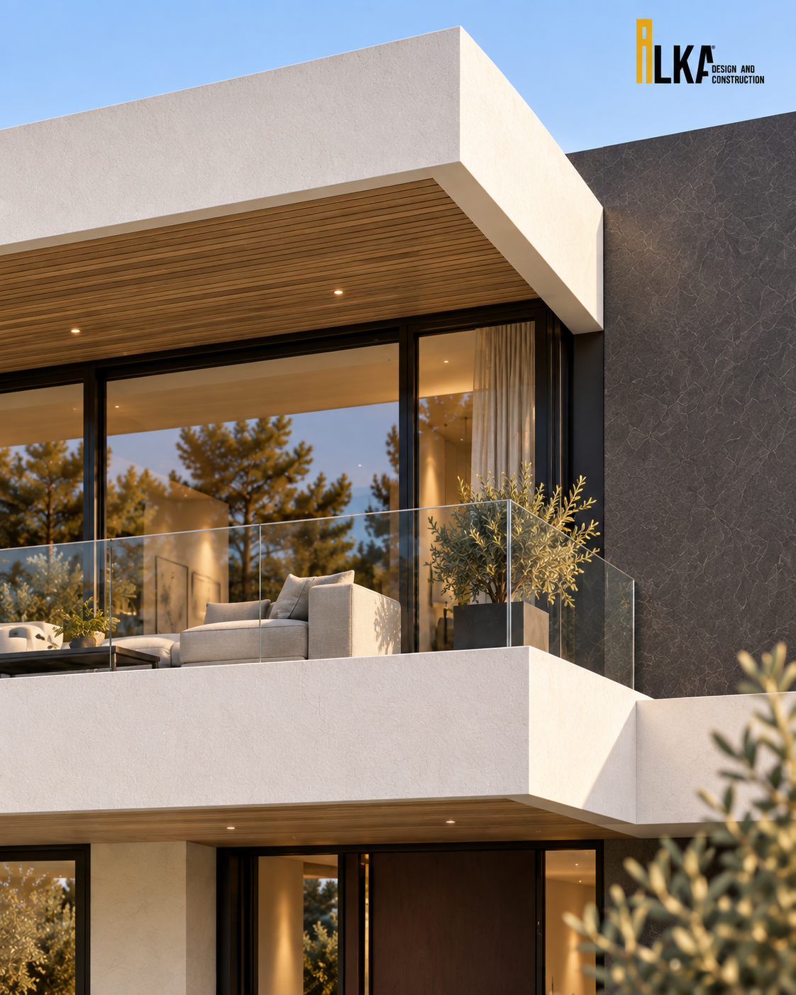 Villa Linea — Upper terrace with timber soffit