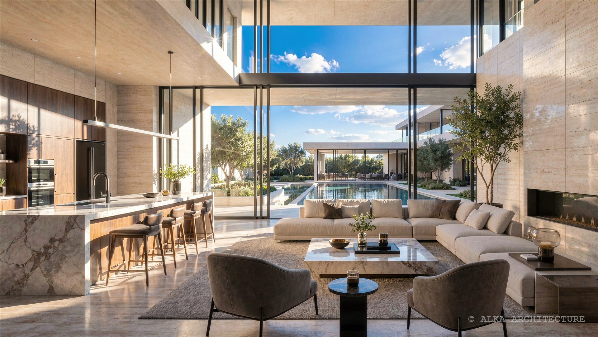 ALKA — material and craft: travertine, natural wood, bronze